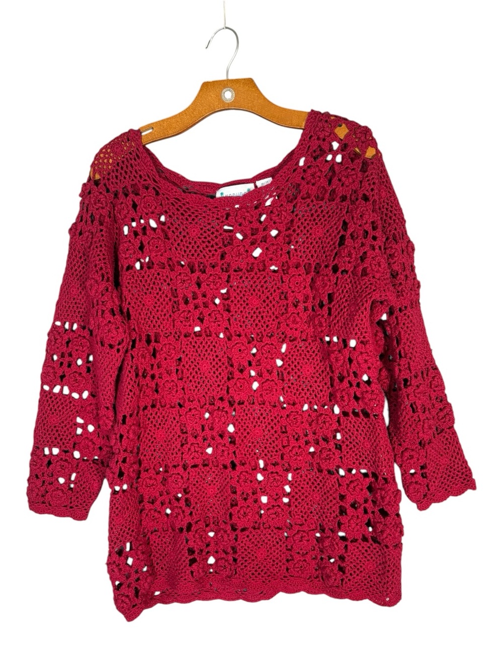 Vintage Red Crochet Open Knit Sweater Grandmacore 100% Cotton M